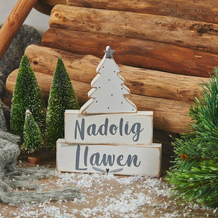 Nadolig Llawen wooden Christmas tree block