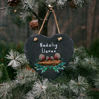 Nadolig Llawen slate hanging heart - robins