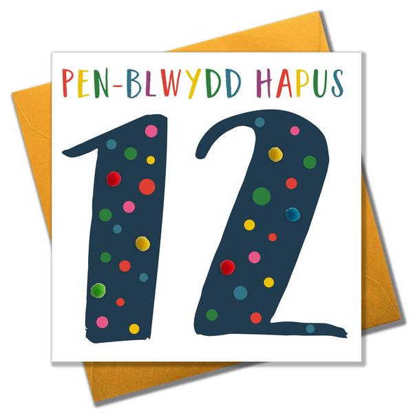 Birthday card 'Pen-blwydd Hapus 12!' Pompoms - Blue