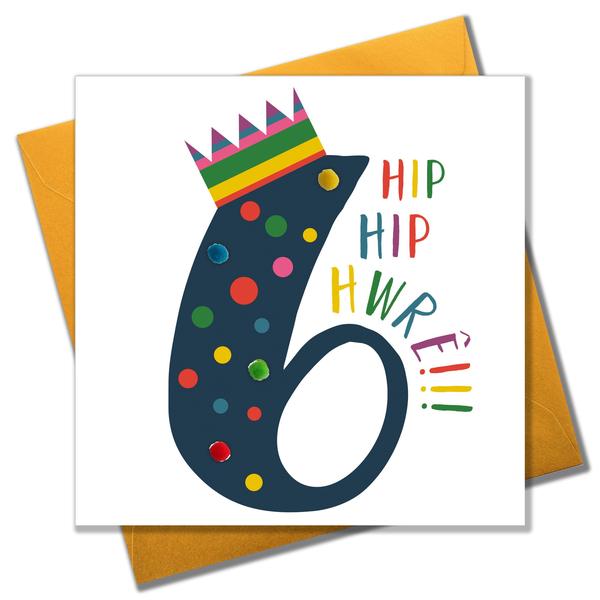 Birthday card '6 Hip Hip Hwrê!' Pompoms - Blue