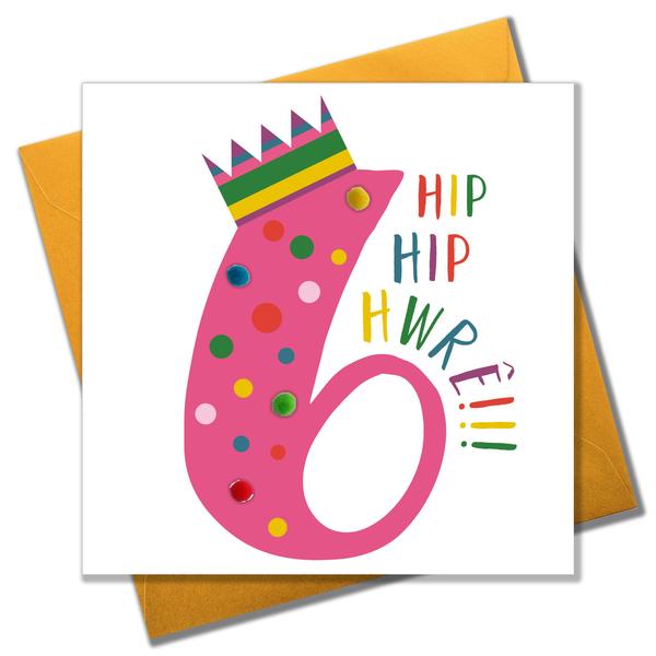Birthday card '6 Hip Hip Hwrê!' Pompoms - Pink