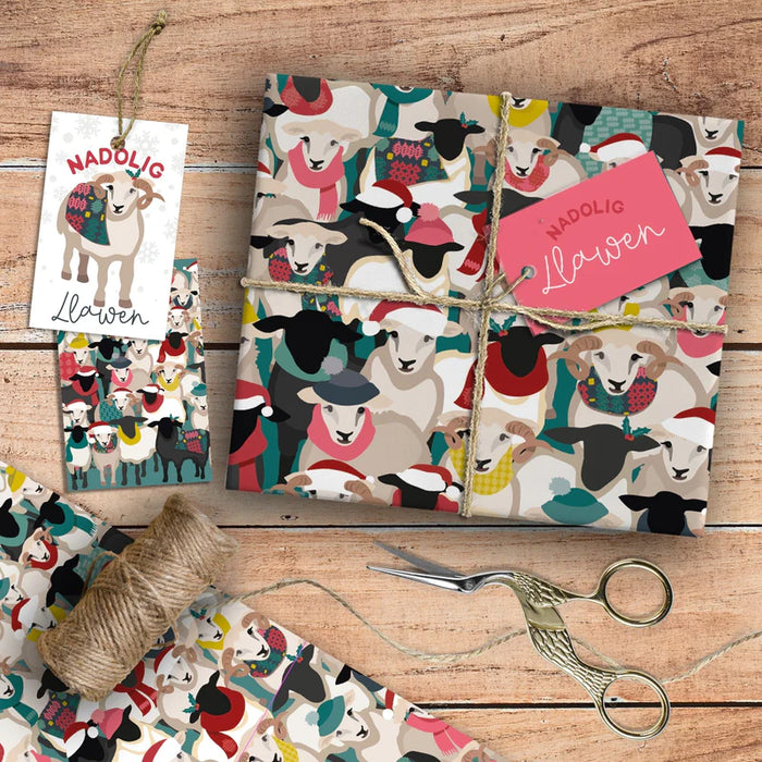 Christmas wrapping paper & tags - Field of Woolly Sheep