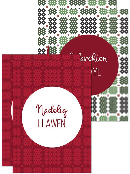 Christmas mini cards 'Nadolig Llawen / Cyfarchion yr Ŵyl' pack of 4 - Welsh Tapestry - Red