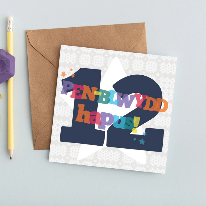 Birthday card 'Pen-blwydd Hapus 12' enfys