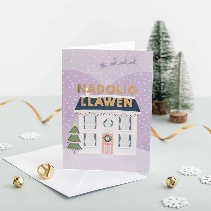 Christmas card 'Nadolig Llawen' Festive home - gold foil