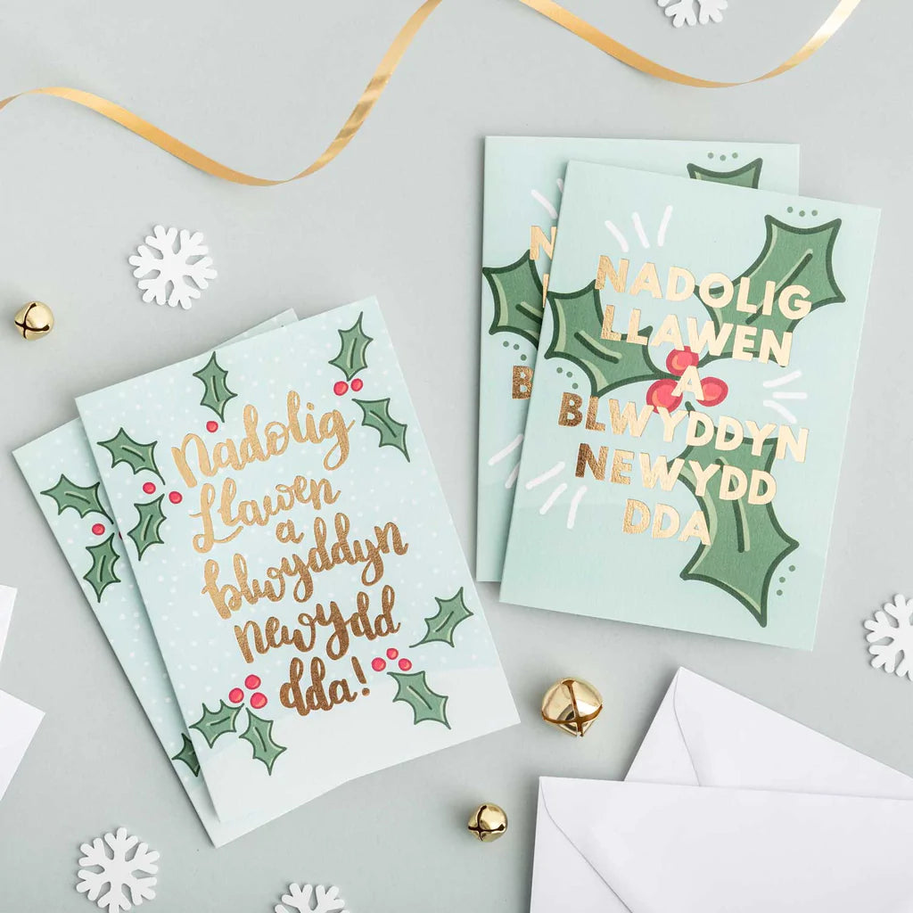 Welsh Christmas Card Set of 4  Nadolig Llawen a Blwyddyn Newydd Dda - Hapus Fy Myd
