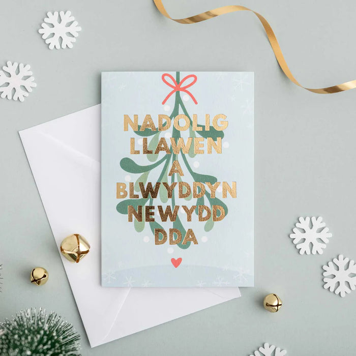 Christmas card 'Nadolig Llawen a Blwyddyn Newydd Dda' mistletoe - gold foil