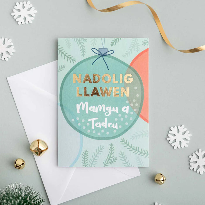 Welsh Christmas card 'Nadolig Llawen Mamgu a Tadcu' Gran and Grandad - gold foil