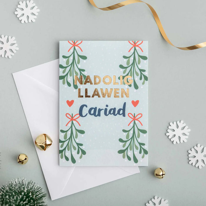 Welsh Christmas card 'Nadolig Llawen Cariad' Love - gold foil