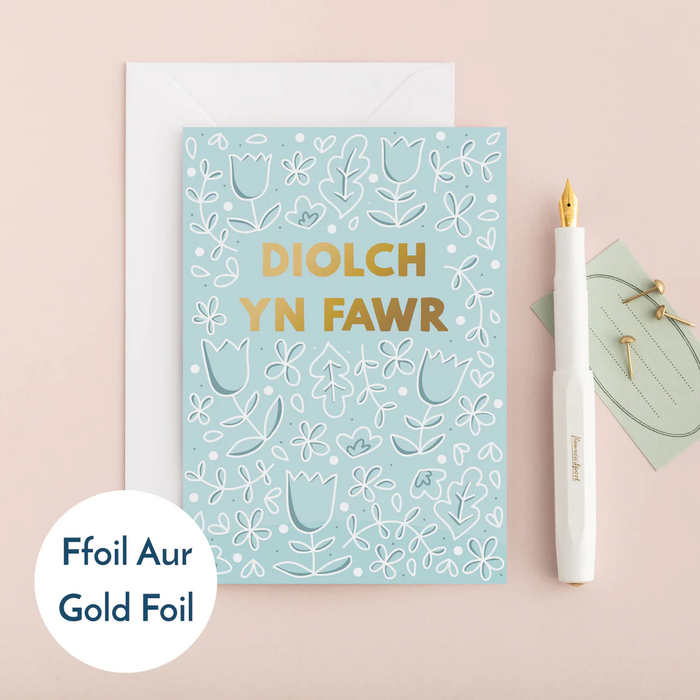 Thank you card 'Diolch yn Fawr' blue flowers foil