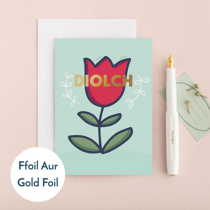 Thank you card 'Diolch' tulip foil