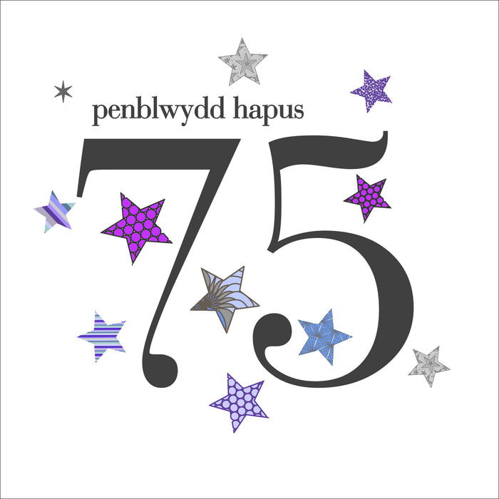 Birthday card 'Penblwydd Hapus 75' blue