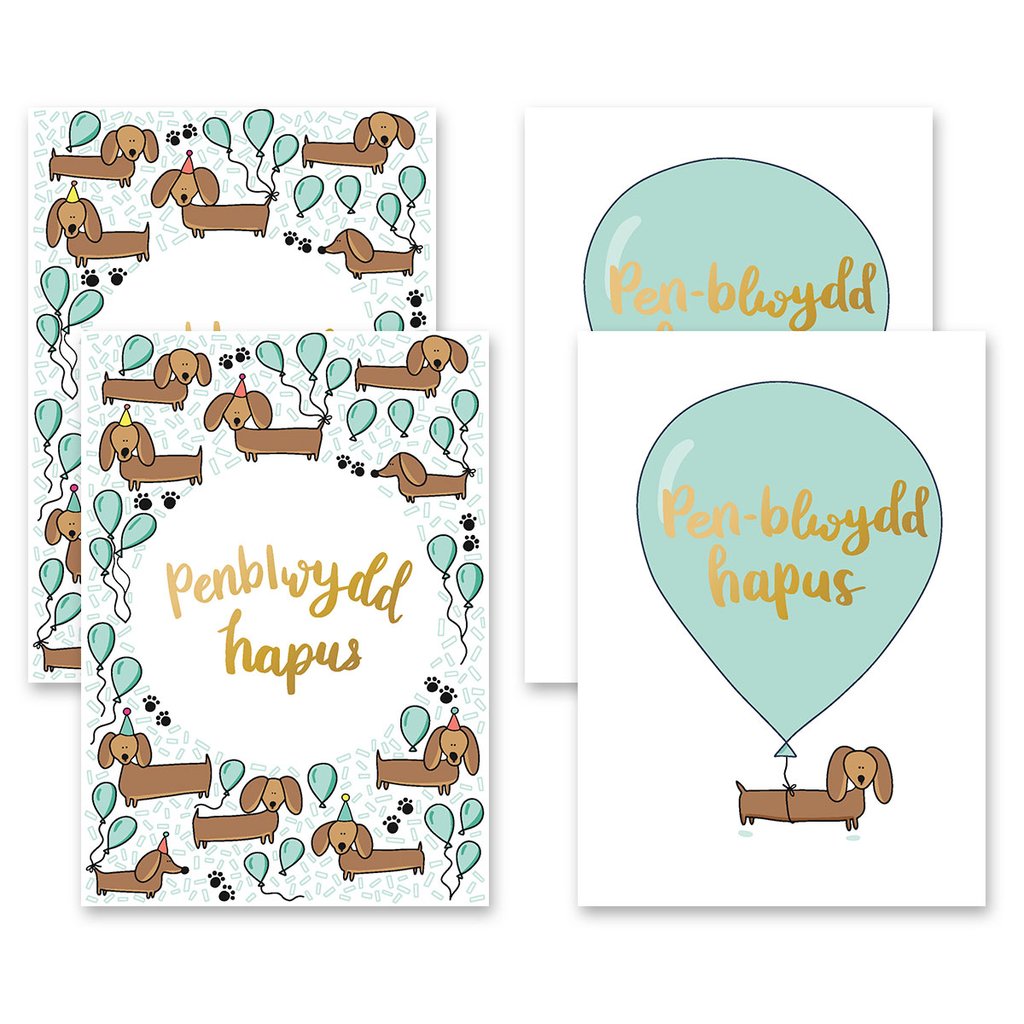 Birthday cards - Hwyl a Sbri Dachshund Collection,Pack of 4 cards.