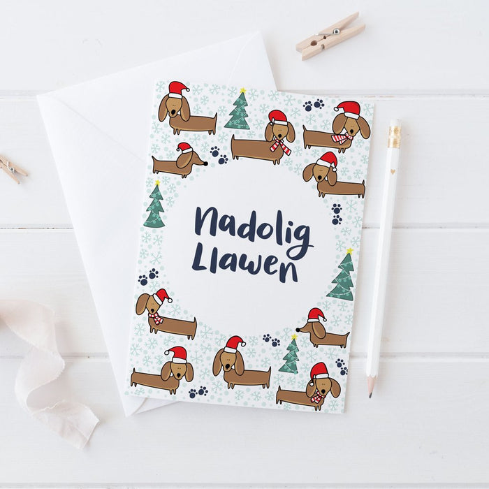 Christmas card 'Nadolig Llawen' Dachshund sausage dogs