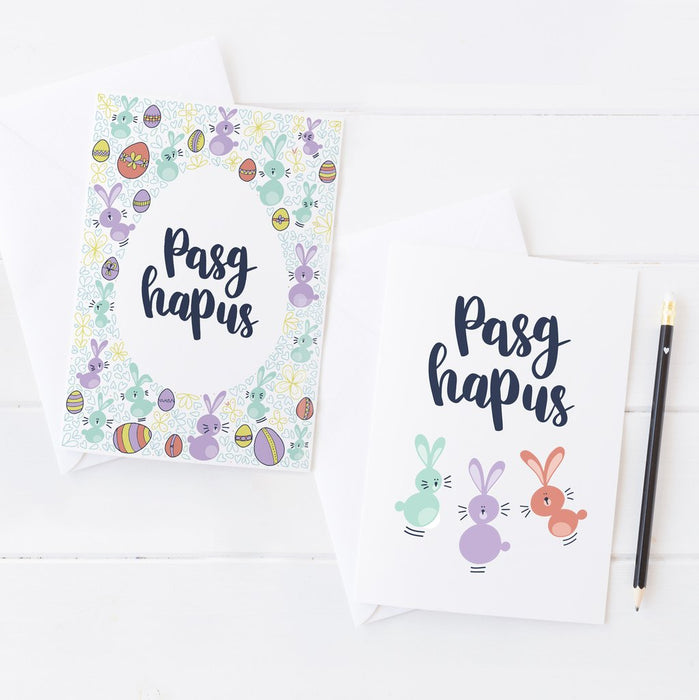 Easter cards 'Pasg hapus' bunnies - Pack of 4