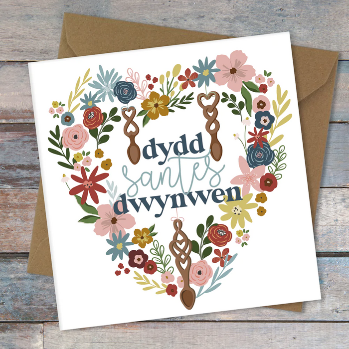 Love card 'Dydd Santes Dwynwen' floral heart & lovespoons