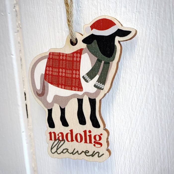 Wooden Christmas Decoration - Nadolig Llawen - Sheep