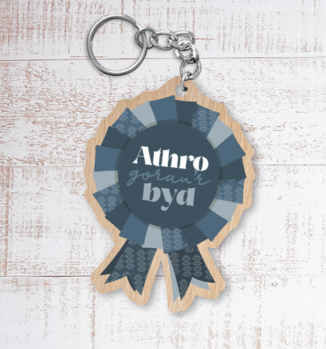 Painted Wooden Keyring 'Athro Gorau'r Byd' best teacher in the world (male)