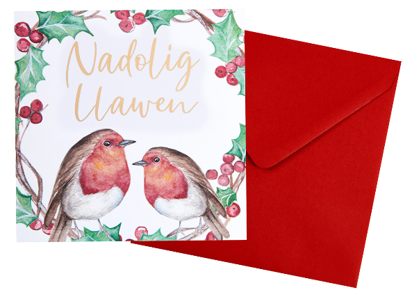 Christmas card 'Nadolig Llawen' robins