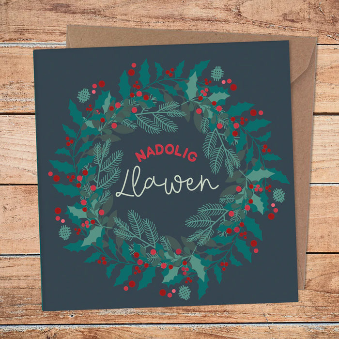 Christmas card 'Nadolig Llawen' wreath