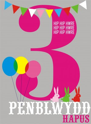 Birthday card 'Penblwydd Hapus 3' pink