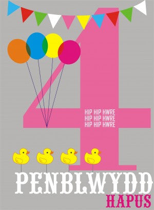 Birthday card 'Penblwydd Hapus 4' pink