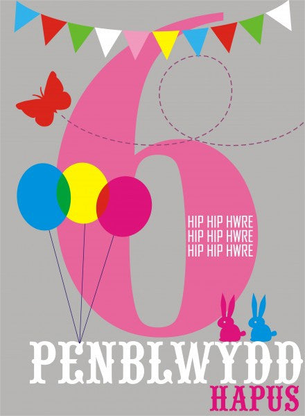 Birthday card 'Penblwydd Hapus 6' pink