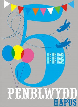 Birthday card 'Penblwydd Hapus 5' blue