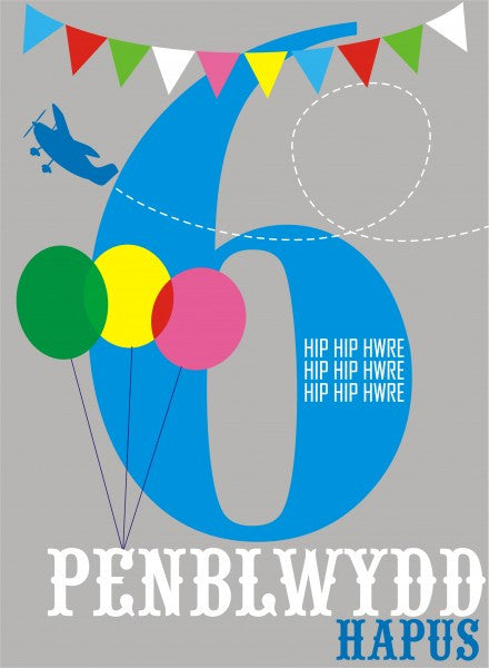 Birthday card 'Penblwydd Hapus 6' blue