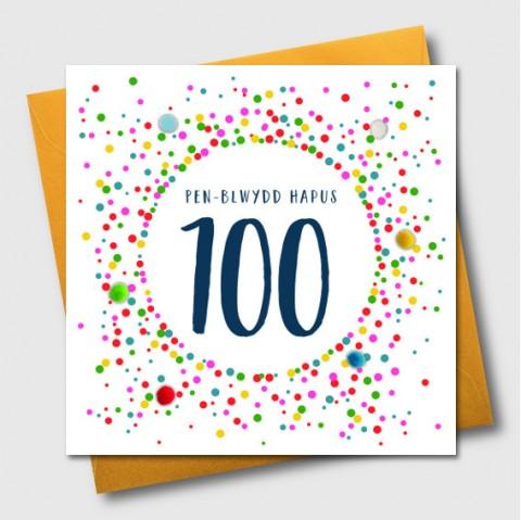 Birthday card - Pen-Blwydd Hapus 100 - Pompoms