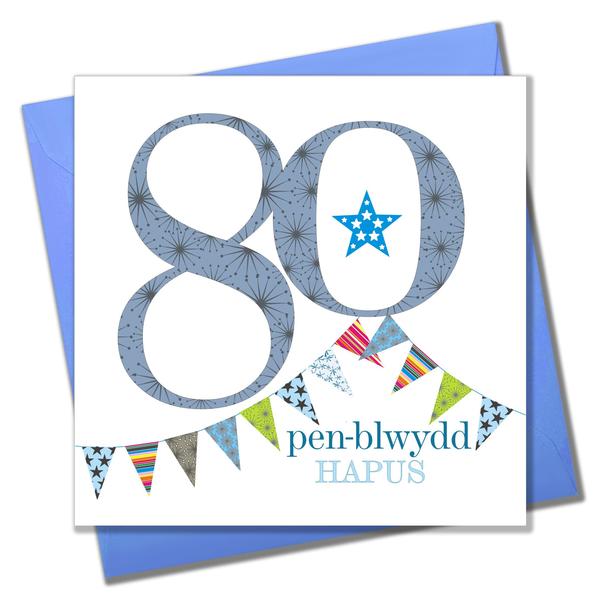 Birthday card 'Pen-blwydd Hapus 80' blue