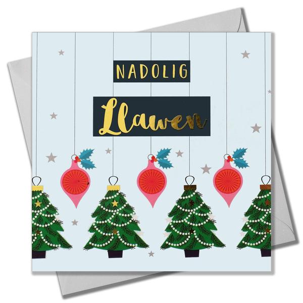 Christmas card 'Nadolig Llawen' foil - trees & baubles
