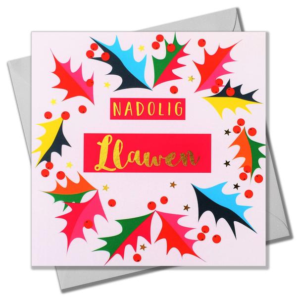 Christmas card 'Nadolig Llawen' foil - bright holly