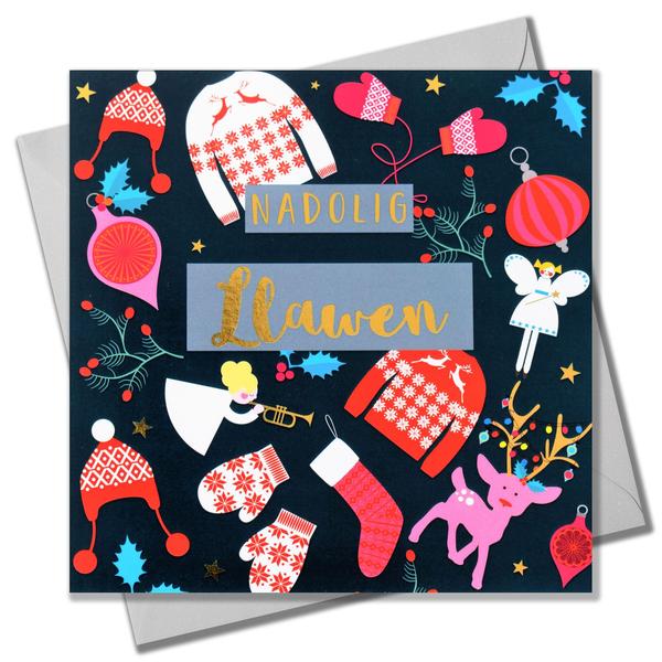 Christmas card 'Nadolig Llawen' foil - jumpers & mittens