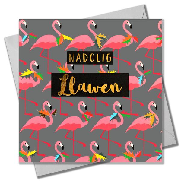Christmas card 'Nadolig Llawen' foil - flamingoes & holly