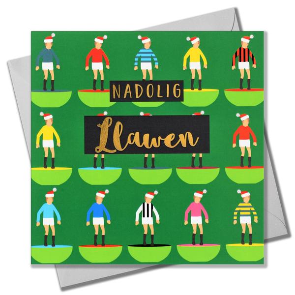 Christmas card 'Nadolig Llawen' foil - subbuteo & santa hats