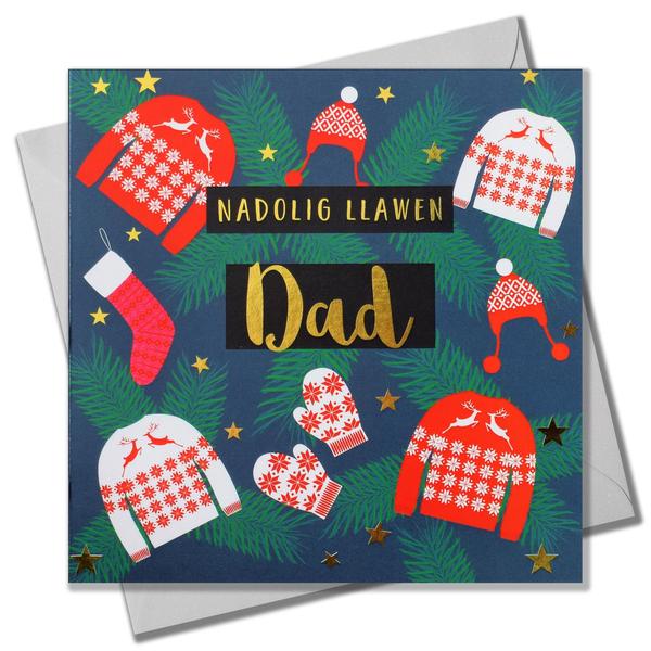 Christmas card 'Nadolig Llawen Dad' dad foil - jumpers & mittens