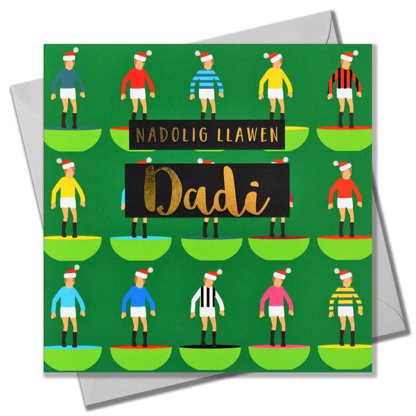 Christmas card 'Nadolig Llawen Dadi' daddy foil - subbuteo & santa hats