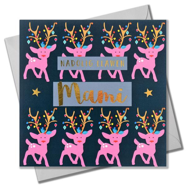 Christmas card 'Nadolig Llawen Mami' mummy foil - reindeers & lights