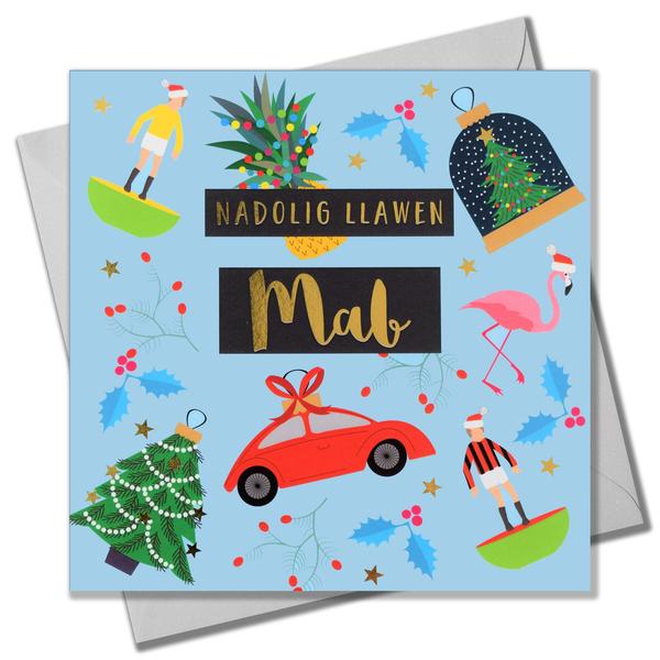 Christmas card 'Nadolig Llawen Mab' son foil - subbuteo & toys