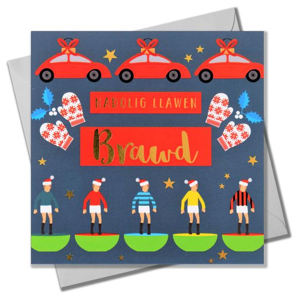 Christmas card 'Nadolig Llawen Brawd' brother foil - subbuteo & cars