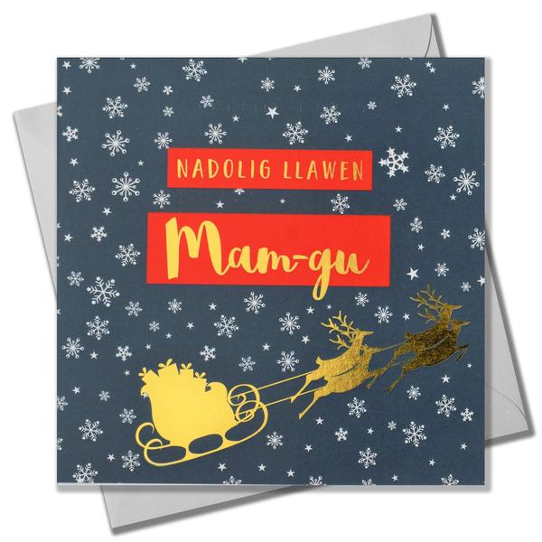 Christmas card 'Nadolig Llawen Mam-gu' grandma foil - snowflakes & sleigh