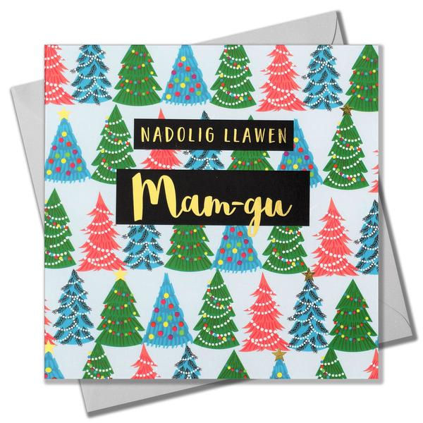 Christmas card 'Nadolig Llawen Mam-gu' grandma foil - Christmas trees