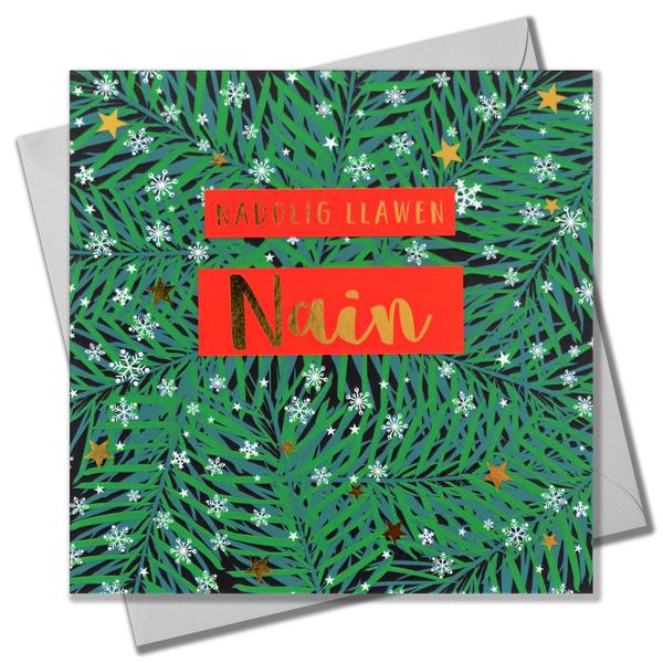 Christmas card 'Nadolig Llawen Nain' grandma foil - wreath & snowflakes