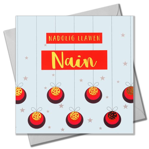 Christmas card 'Nadolig Llawen Nain' grandma foil - baubles & stars