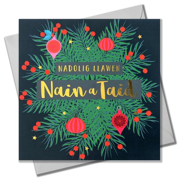 Christmas card 'Nadolig Llawen Nain a Taid' gran and grandad foil - wreath & baubles