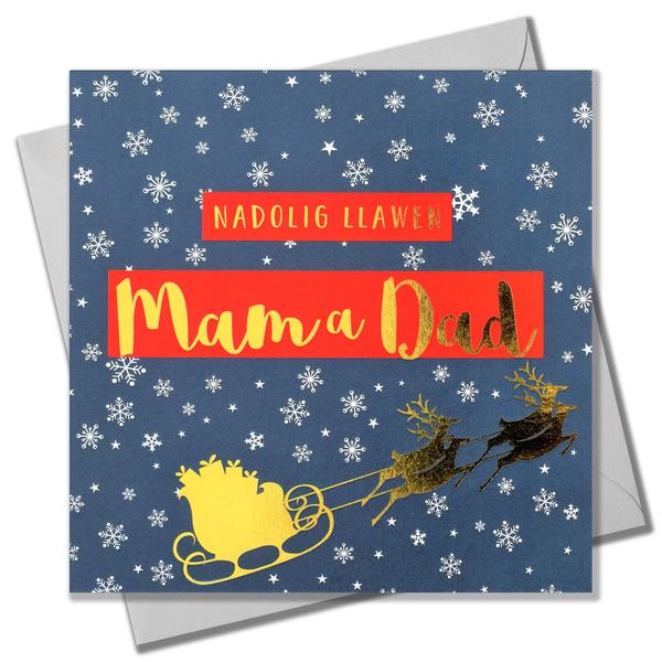 Christmas card 'Nadolig Llawen Mam a Dad' mum and dad foil - sleigh & snowflakes