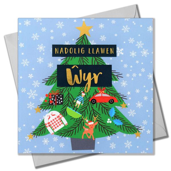 Christmas card 'Nadolig Llawen Ŵyr' grandson foil - tree with star