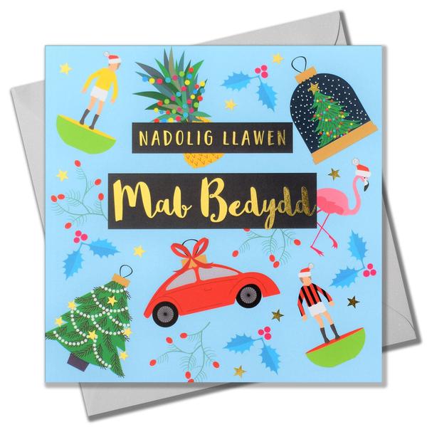 Christmas card 'Nadolig Llawen Mab Bedydd' godson foil - decorations