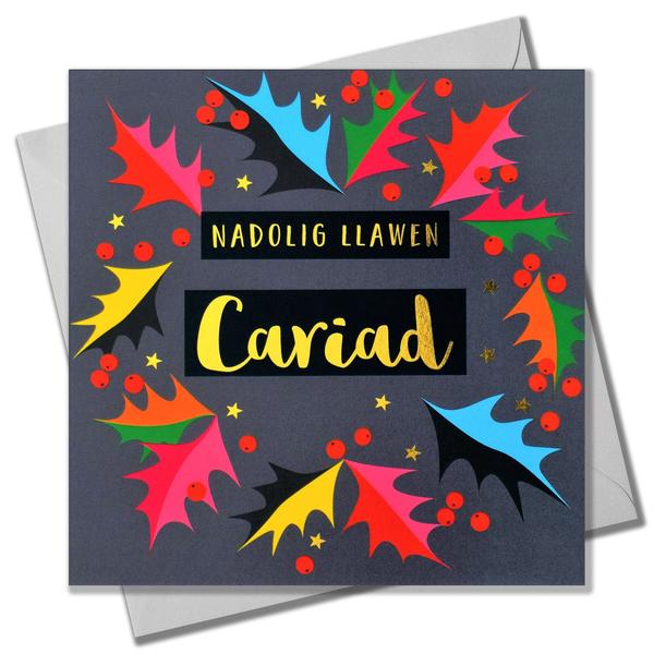 Christmas card 'Nadolig Llawen Cariad' love foil - bright holly